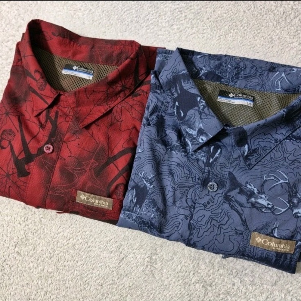 2 Pack! Columbia PHG Button Down Shirt Mens 2XL Red Blue Antler Deer Hunting